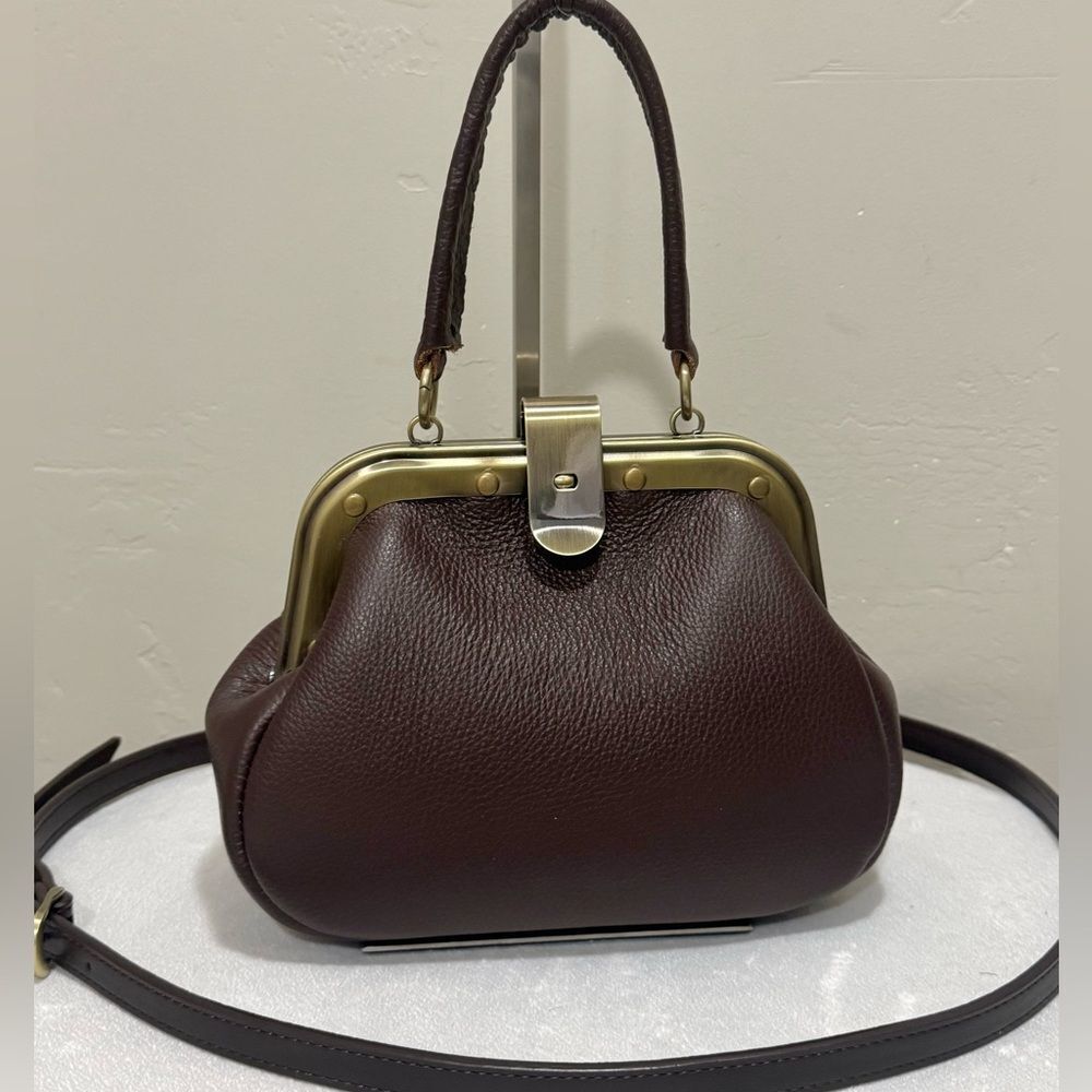 Pebble Cowhide Handmade Unique Rivet Frame Push Lock Handbag, Multi Use Style